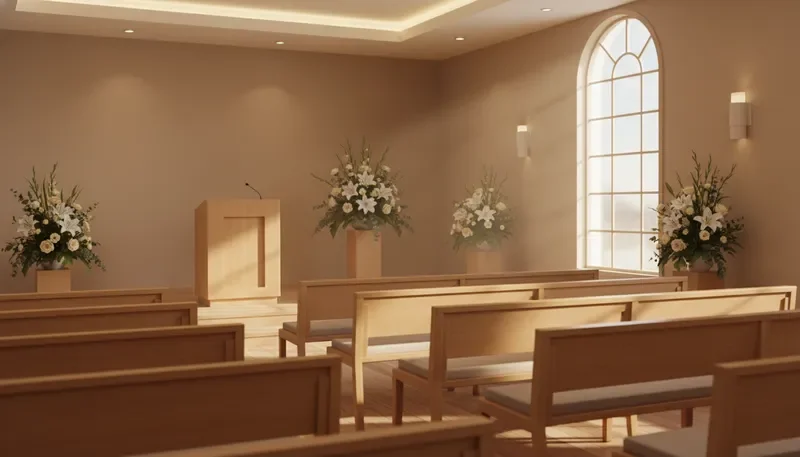 Warm and peaceful interior of All Fatih Funeral Home in Oneida, New York, with soft lighting and wooden pews
