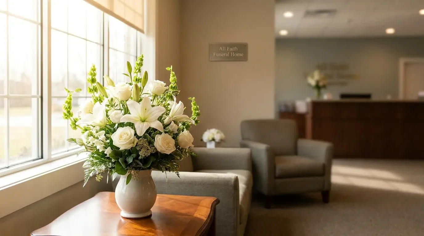 Serene funeral home interior with warm morning light and floral arrangements