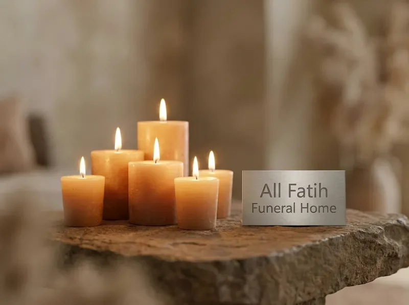Memorial candles glowing warmly on a stone surface