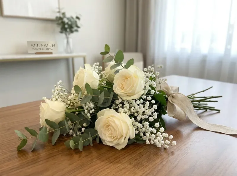 Arrangement of ivory roses and eucalyptus in soft light