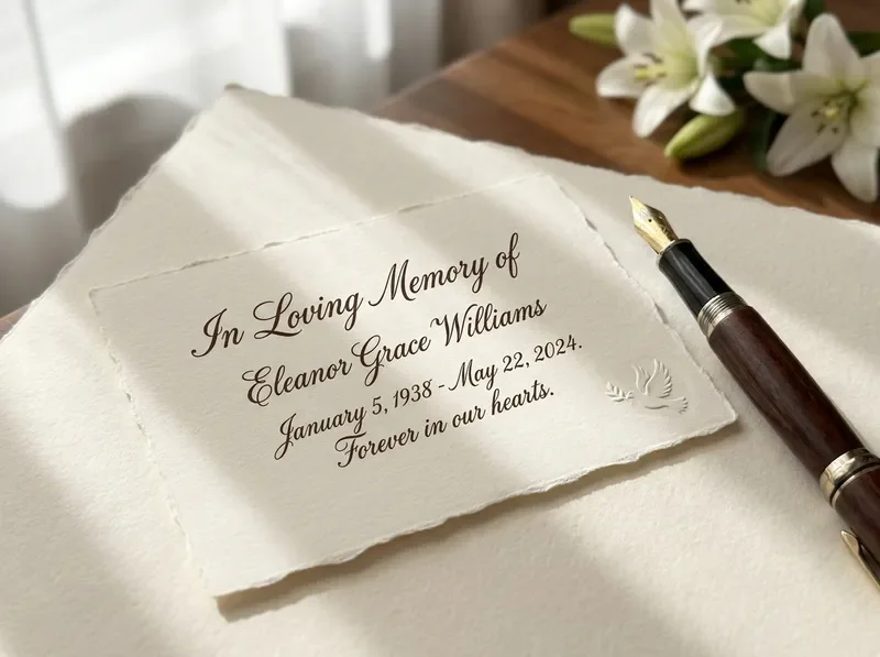 Handwritten memorial card on textured paper with a pen