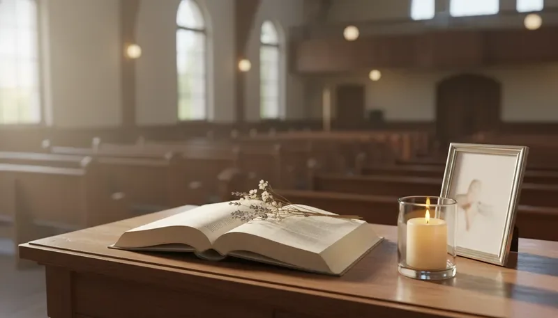 Memorial book, candle, and flowers representing the funeral home's compassionate memorial services
