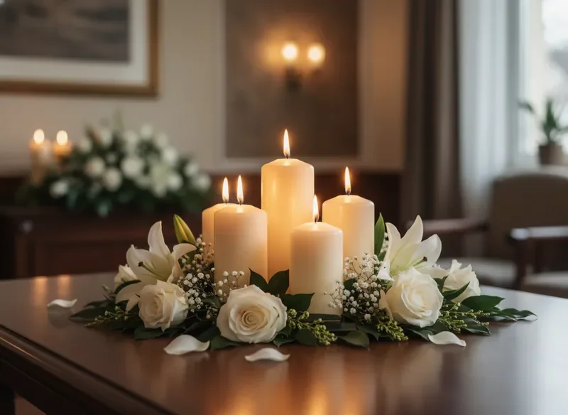 Memorial candle and flower arrangement symbolizing remembrance and dignity