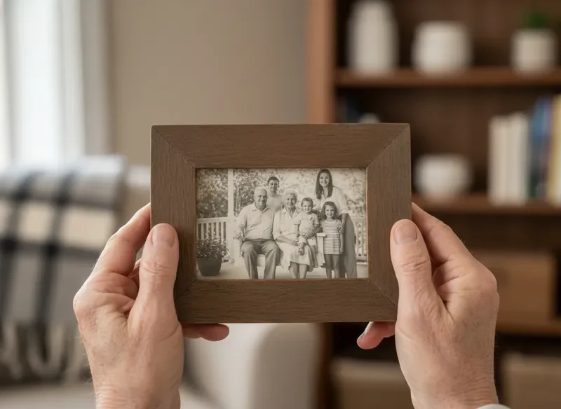 Aged hands holding a framed family portrait, representing legacy and memory