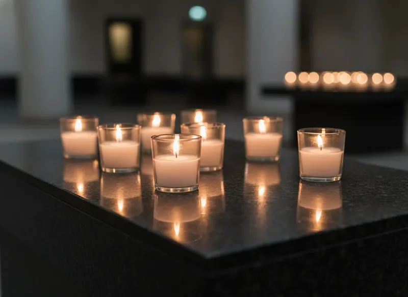 Glowing memorial candles creating peaceful atmosphere