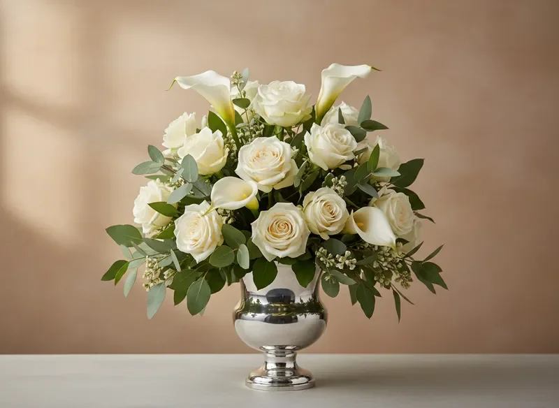 Elegant funeral flower arrangement with roses and lilies