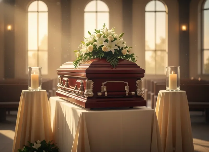 Serene memorial arrangement with casket, flowers, and candles inside All Fatih Funeral Home chapel